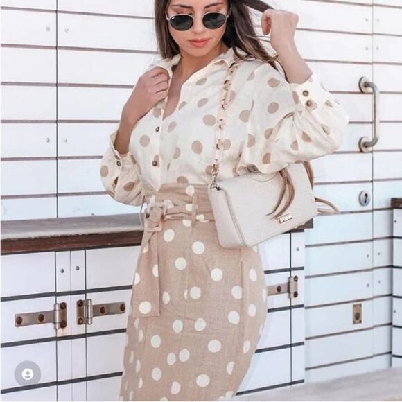 Zara Polka Dot Skirt with Belt Small New Beige Linen Blend Measurements - Picture 4 of 6